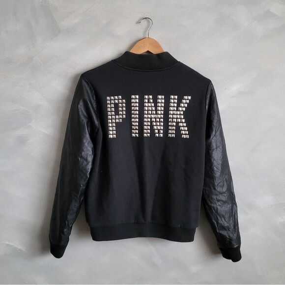 Victoria's Secret PINK Black Varsity Jacet Silver Stud Faux Leather Sleeve Sz S - Picture 1 of 13